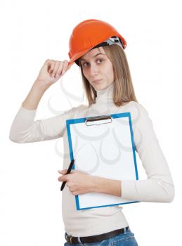 girl builder with a protective helmet and tablet