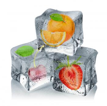 Fruits in ice cubes isolated on white