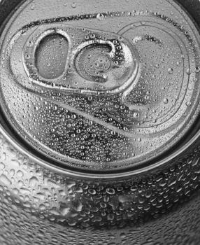 aluminum can with water drops closeup