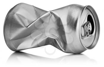 Crumpled empty blank soda or beer can garbage isolated on white background with clipping path