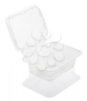 Empty open transparent plastic food container isolated on white with clipping path