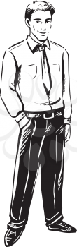 Friendly smiling businessman standing with his hand in his pocket looking at the viewer, black and white hand-drawn doodle illustration