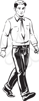 Black and white hand drawn sketch of a young businessman in shirtsleeves and a tie walking along mid stride