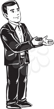 Businessman in a suit standing with his hands extended handing over or giving something, black and white hand-drawn doodle illustration