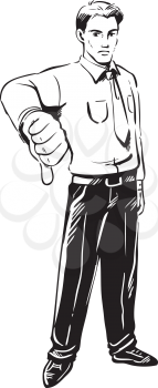 Businessman giving a thumbs down gesture to show his disapproval or indicate a failure, black and white vector sketch