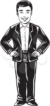 Successful happy businessman in a suit with a confident attitude standing with his hands on his hips smiling at the viewer, black and white hand-drawn doodle illustration
