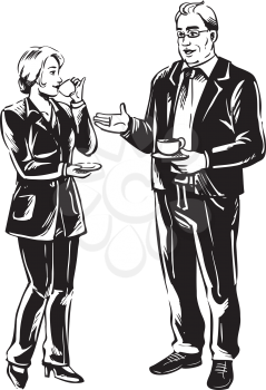 Two businesspeople enjoying a coffee break with a businessman and businesswoman standing chatting as they drink their refreshments, vector drawing full length view