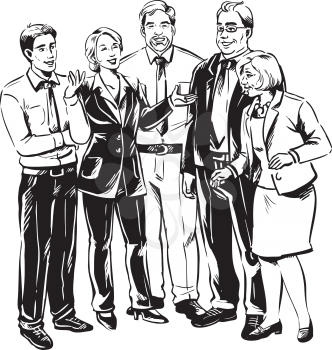 Group of business people having an informal meeting or conversation during a break standing laughing, mixed diverse men and women, black and white hand-drawn vector illustration