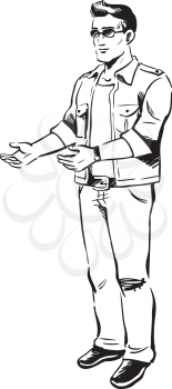 Man wearing sunglasses dressed in a casual jacket holding out his arms to take something, possibly an item that he has just purchased as a customer, full length vector illustration