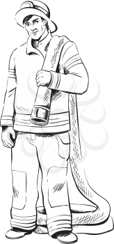 Fireman in his uniform carrying a fire hose over his shoulder as he moves into position to fight a fire, black and white hand-drawn vector illustration