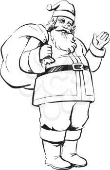 Santa Claus, Father Christmas or Saint Nicholas carrying a sack full of toys for little children waving his hand in a jovial greeting, hand-drawn black and white vector illustration
