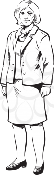 Senior businesswoman in a stylish skirt and jacket standing with her arms relaxed at her sides looking at the viewer, hand-drawn black and white vector illustration