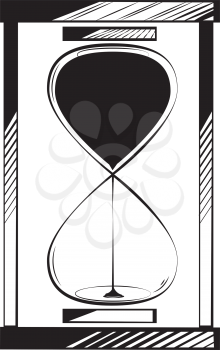 Full hourglass or egg timer with sand running through measuring passing time, black and white hand-drawn doodle illustration