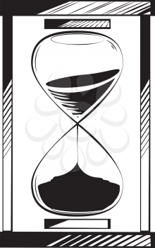 Hourglass enclosed in a case with sand running through the bulbs with the top depleted halfway measuring the passing time on a deadline, hand-drawn vector illustration