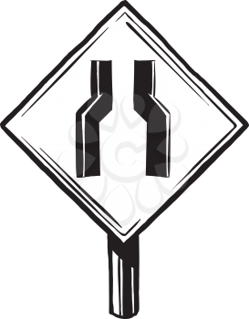 Traffic bottleneck or road narrows traffic sign showing the converging edges of the road, hand-drawn black and white vector illustration
