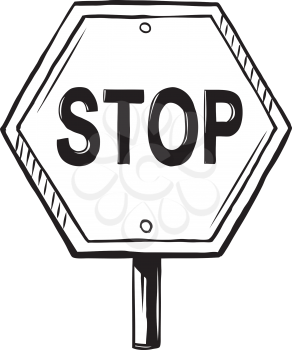 Hexagonal Stop traffic sign showing a raised hand with facing palm, hand-drawn black and white vector illustration