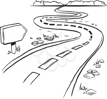 Black and white hand drawn sketch of the sharp curves and bends of a winding road with central markings and a blank signpost disappearing into the distance