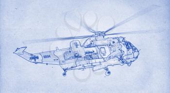 Grungy technical drawing or blueprint illustration on blue background, helicopter