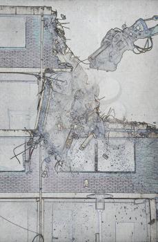 Grungy technical drawing or blueprint illustration on black background, destruction of block of flats