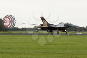 LEEUWARDEN,FRIESLAND,HOLLAND-SEPTEMBER 17: Turkish F-16 Fighting Falcon at the Luchtmachtdagen Airshow on September 17, 2011 at Leeuwarden Airfield, Friesland, Holland.