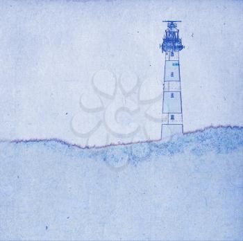 Grungy technical drawing or blueprint illustration on blue background, lighthouse