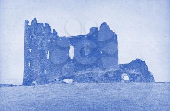Grungy technical drawing or blueprint illustration on blue background, ruin of a castle