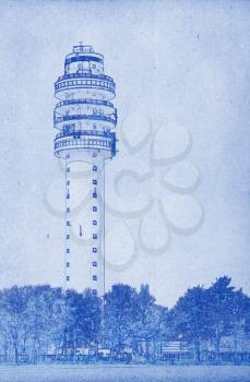 Grungy technical drawing or blueprint illustration on blue background, TV tower