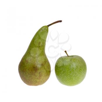 A green pear and a green apple isolated on a white background