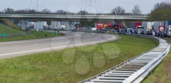 DRONTEN,FLEVOLAND,HOLLAND-APRIL 24: A truck colliding with a large brigde in the highway A6 has caused a large traffic jam on April 24, 2012 at Dronten,Flevoland,Holland