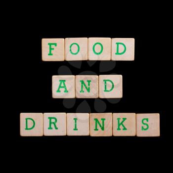Letters on old wooden blocks (food and drinks)