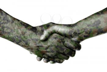 Man and woman shaking hands, camouflaged