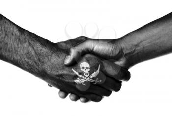 Man and woman shaking hands, isolated on white, Pirate