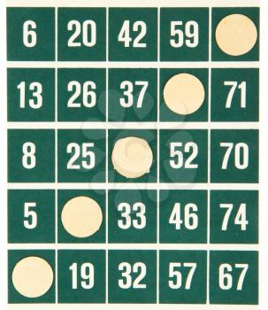 Green bingo card being used (white chips)