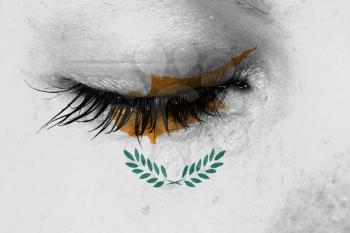 Crying woman, pain and grief concept, flag of Cyprus