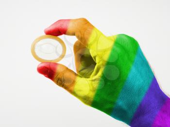Male giving a condom, rainbow flag pattern, gay pride