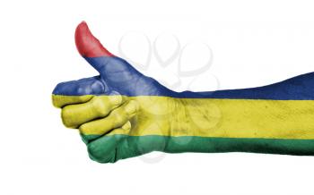 Old woman giving the thumbs up sign, isolated, flag of Mauritius