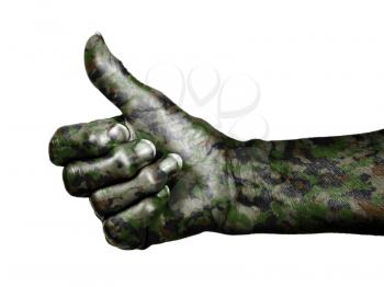 Old woman with arthritis giving the thumbs up sign, isolated on white, camouflage