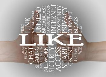 Word cloud social media with a thumbs up background