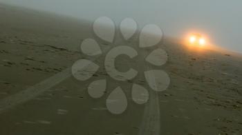 Car headlights of a car on the beach, mist