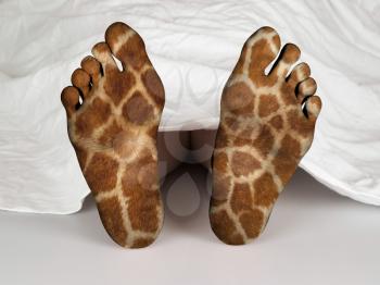 Dead body under a white sheet, concept of sleeping or death, giraffe print