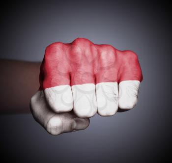 Front view of punching fist on gray background, flag of Indonesia
