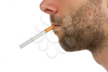 Side view of a man with a unused cigarette