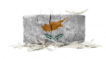Brick with broken glass, violence concept, flag of Cyprus