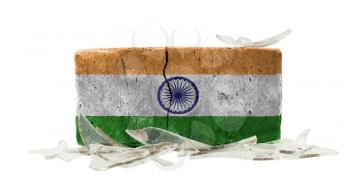 Brick with broken glass, violence concept, flag of India
