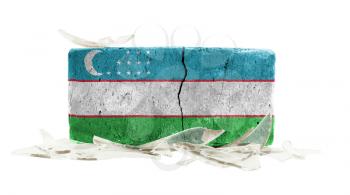 Brick with broken glass, violence concept, flag of Uzbekistan