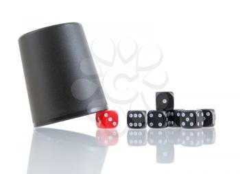 Gambling background with dice and dice cup, isolated on white