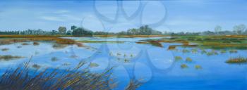 Painting of a bright blue lake, panorama