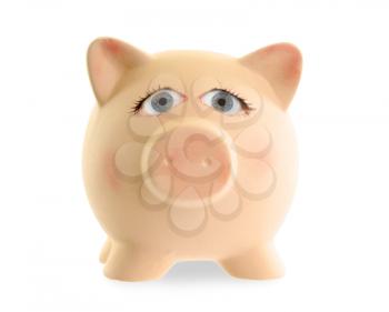 Ceramic piggy bank with human eyes, concept of humor