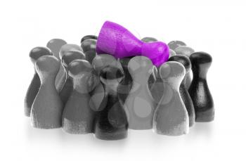 Purple pawn is crowdsurfing over a collection of different colors of pawns