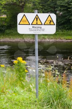 Set of typical open water swimming warnings near a dam